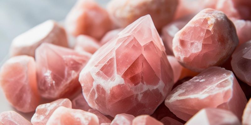 A magnified view of salt crystals, displaying the pink tint caused by minerals.