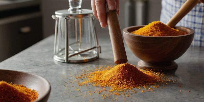 A mortar and pestle grinding saffron threads into fine powder