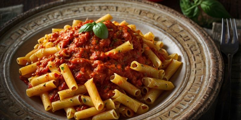 A plate of pasta with rich tomato sauce, garnished with Kashmiri Chili Powder for depth of flavor