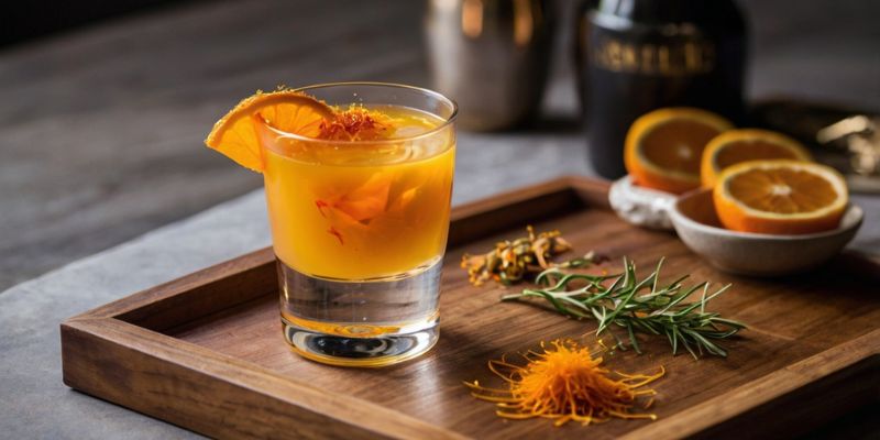 A saffron-infused cocktail garnished with orange zest, served on a wooden tray.