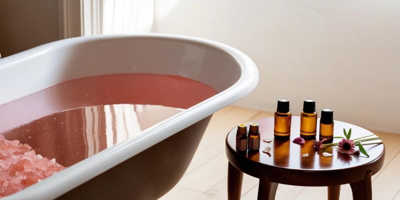 A spa setting with a Himalayan pink salt bath and aromatic oils placed nearby.