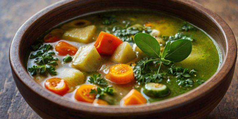 A steaming bowl of soup infused with moringa powder, showcasing its immune-boosting benefits