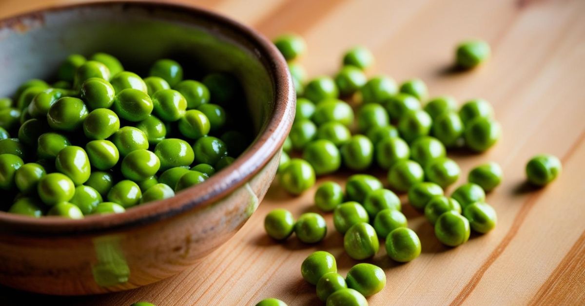 A vibrant close-up shot of a ceramic bowl filled with bright green wasabi peas, placed on a wooden table with natural lighting