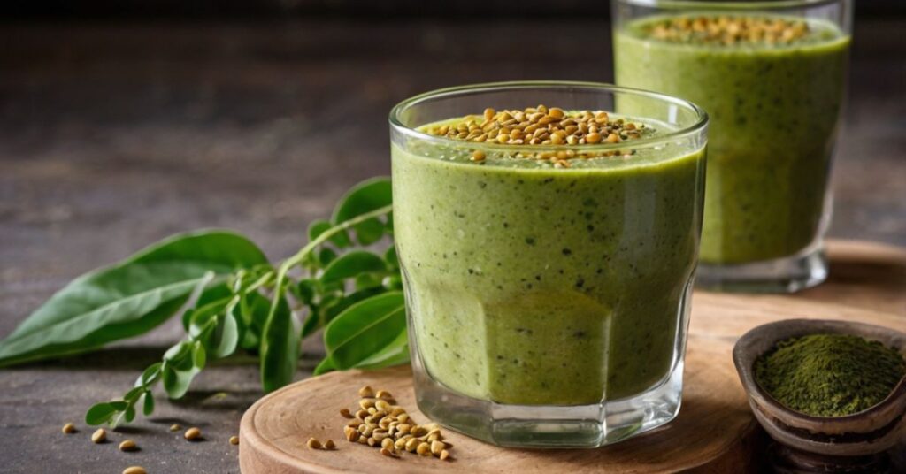 A vibrant smoothie made with moringa powder and seeds, garnished with fresh moringa leaves