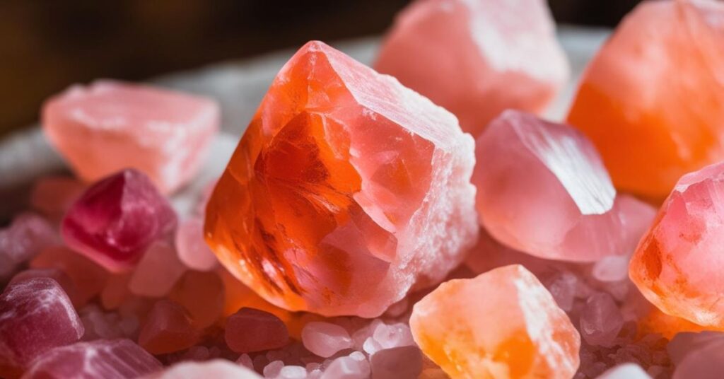 An artistic macro shot of Himalayan salt crystals revealing their pink and orange hues