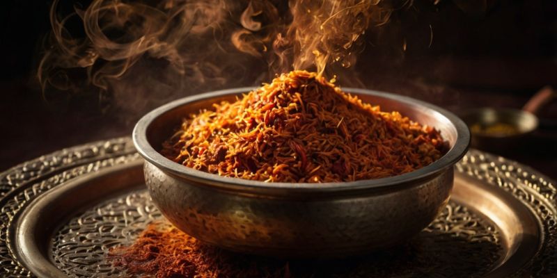 Aromatic biryani garnished with fried onions and Kashmiri Chili Powder rising with steam.