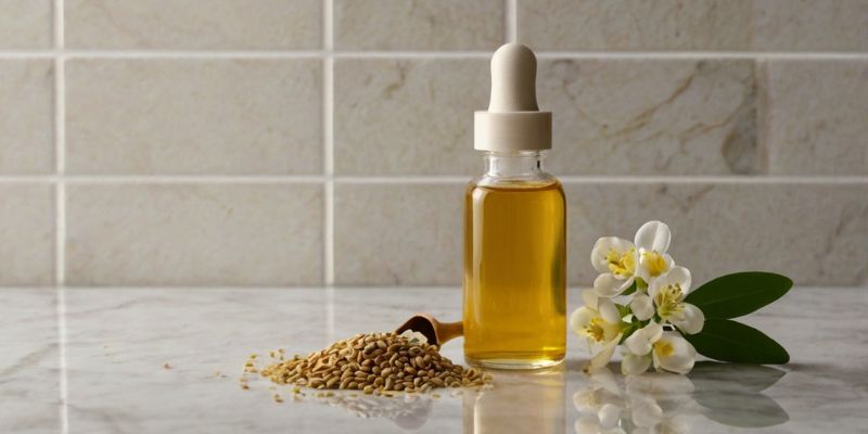 Bottle of moringa seed oil on a countertop, highlighting its skincare benefits