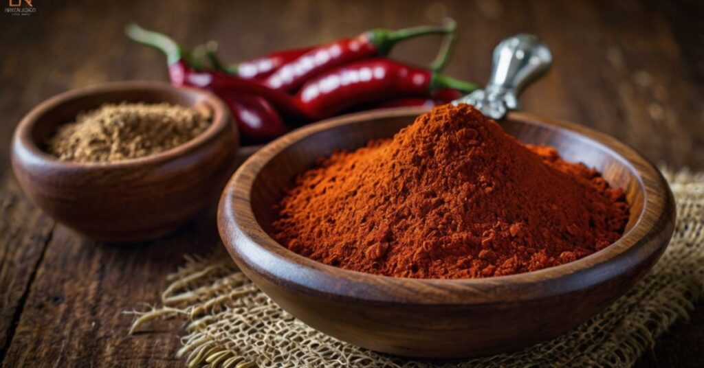 Bright red Kashmiri Chili Powder in a wooden bowl with scattered spice grains