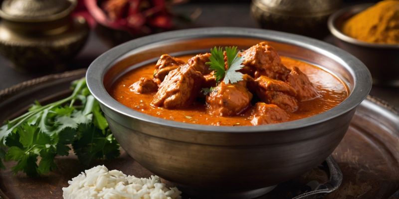 Butter chicken in a white bowl garnished with a touch of Kashmiri Chili Powder.