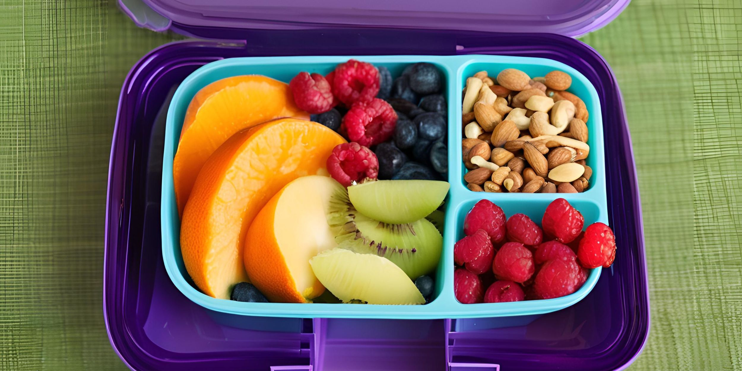 Children's lunchbox filled with fox nuts, fruits, and nuts for a healthy snack option.