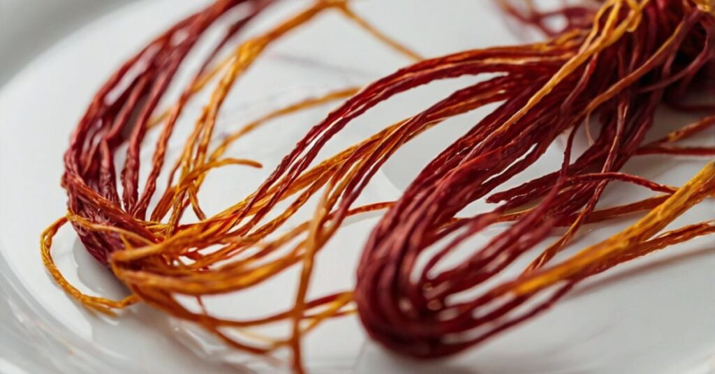 Close-up image of vibrant saffron threads on a white ceramic plate