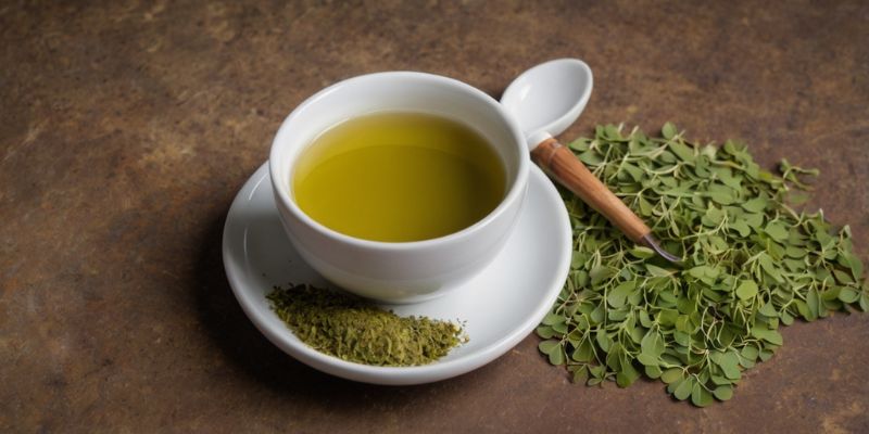 Cup of herbal tea paired with moringa powder as a natural digestive aid