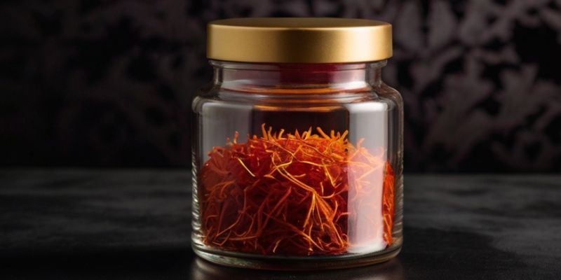 Elegant glass jar filled with saffron threads on a dark textured background