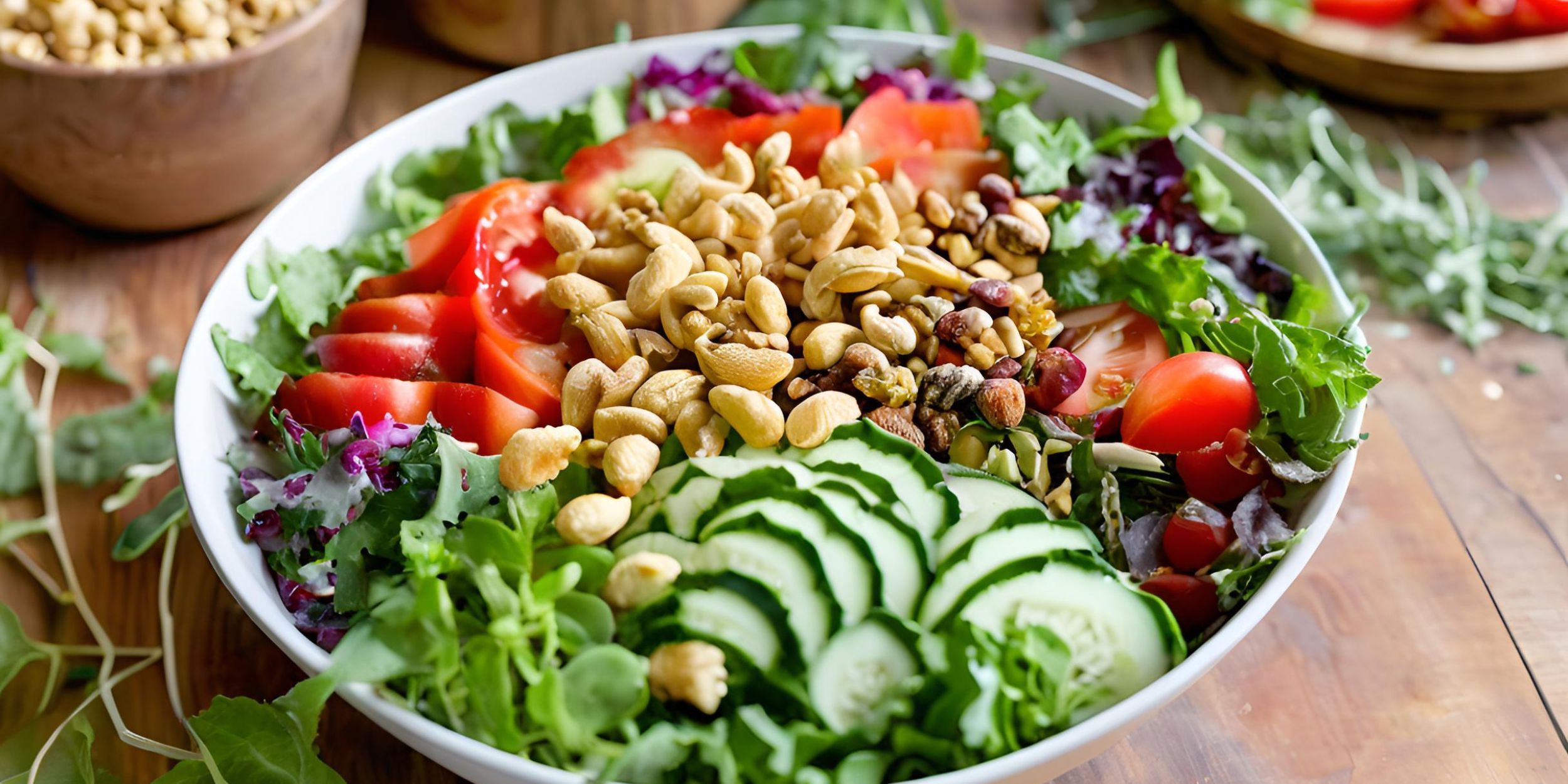 Fresh vegetable salad topped with roasted fox nut for crunch and flavor.