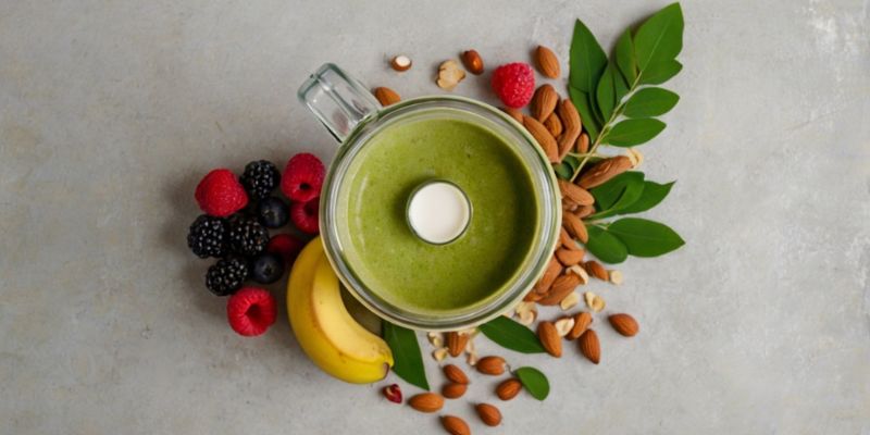Ingredients for a moringa smoothie, including organic moringa powder, fruit, and almond milk.