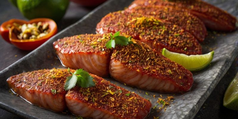 Kashmiri Chili Powder blended into a zesty lime marinade on raw fish fillets