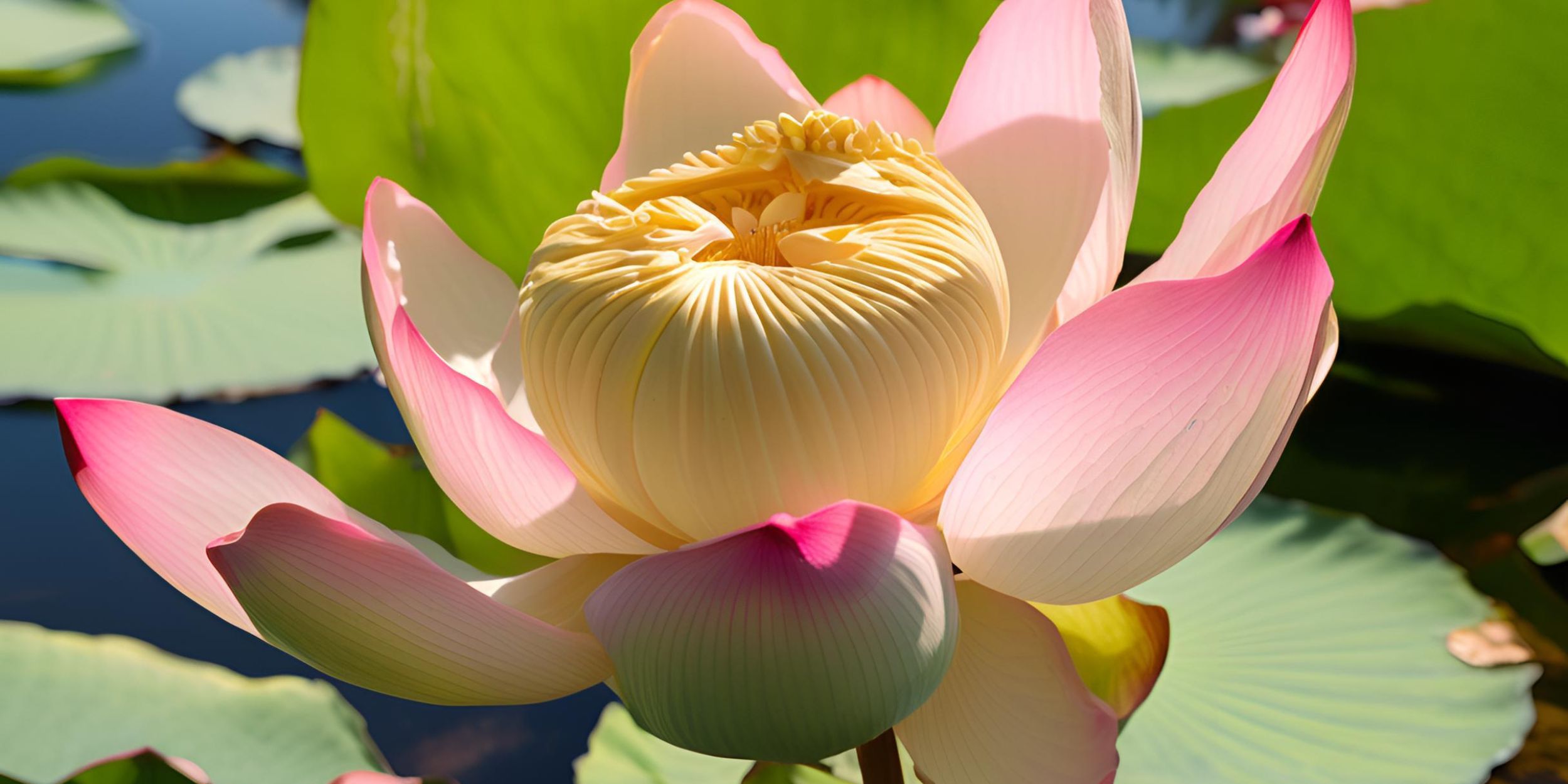 Lotus plant with visible seeds in a pond, the origin of fox nut