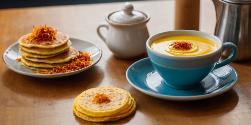 Luxurious breakfast spread featuring saffron pancakes, oatmeal, and saffron latte