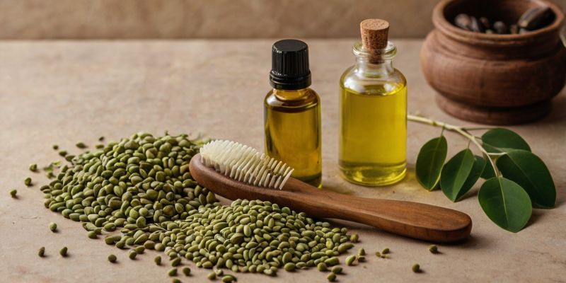 Moringa oil hair product displayed with comb and fresh moringa seeds
