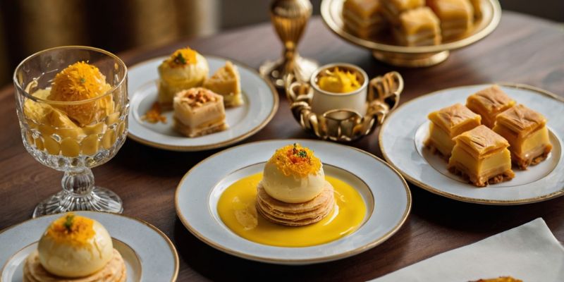 Platter of saffron-infused desserts including saffron ice cream and custard.