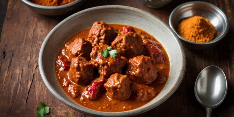 Rogan Josh in a traditional Indian clay pot, topped with a sprinkle of Kashmiri Chili Powder