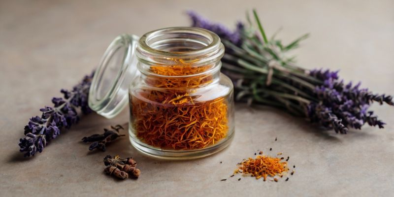Saffron Spices stored in an airtight jar placed next to complementary spices