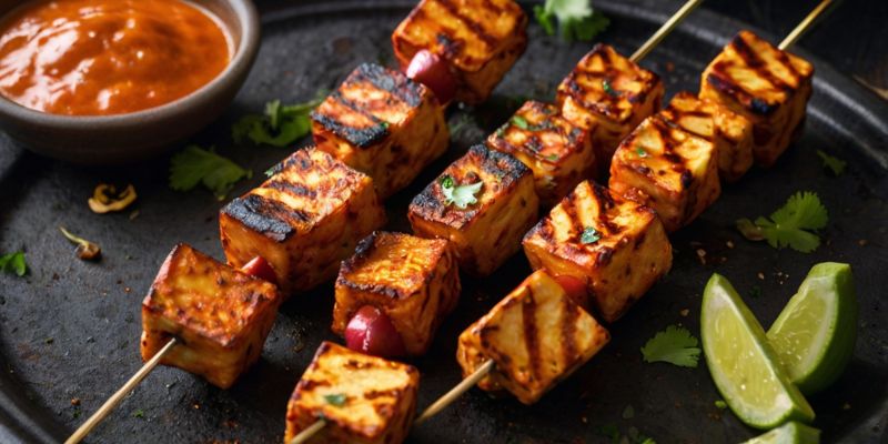 Smoky paneer tikka being grilled on skewers with Kashmiri Chili Powder sprinkled nearby.