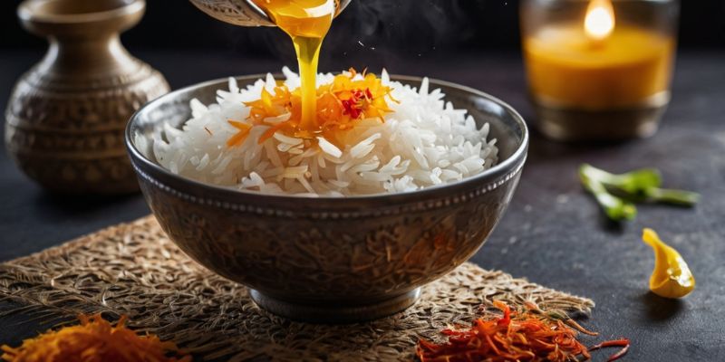 Spoon of saffron water being drizzled onto steamed white rice.