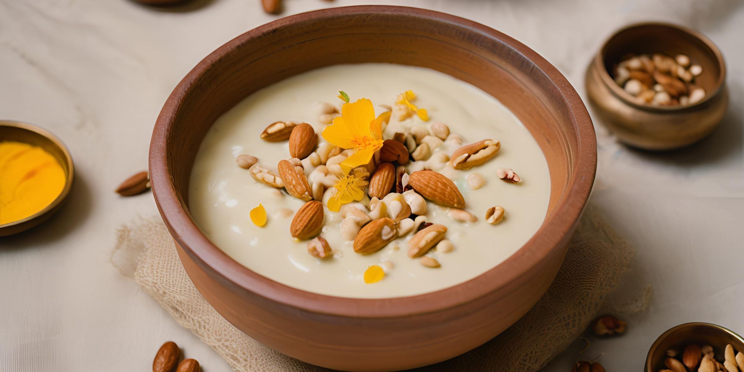 Traditional fox nut kheer dessert garnished with almonds, cashews, and saffron