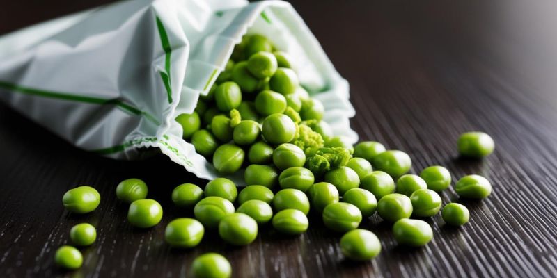 Wasabi peas spilling out of a snack bag onto a wooden surface, showing their vibrant green color