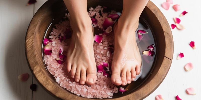 feet in a bowl of water with dissolved pink salt and rose petals.