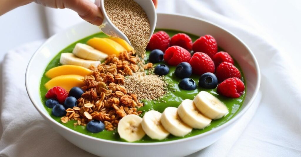 A-bright-lifestyle-shot-of-a-hand-pouring-hemp-seed-into-a-green-smoothie-bowl-topped-with-fresh-fruit-and-granola-shot-from-above-flat-lay-to-convey-healthy-ritual
