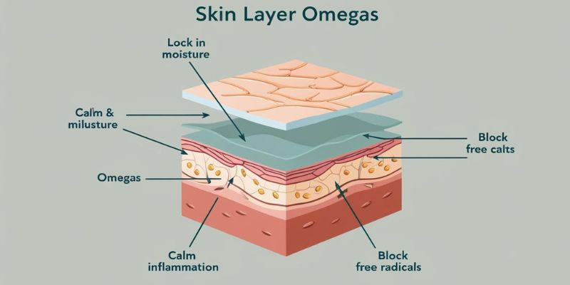 A clean, simplified anatomical illustration of a skin layer cross-section, with arrows showing how omegas lock in moisture, calm inflammation, and block free radicals.