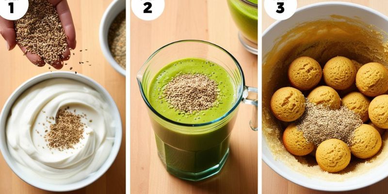 A step-by-step collage showing how to sprinkle seeds on yogurt, blend into a smoothie, and fold into muffin batter