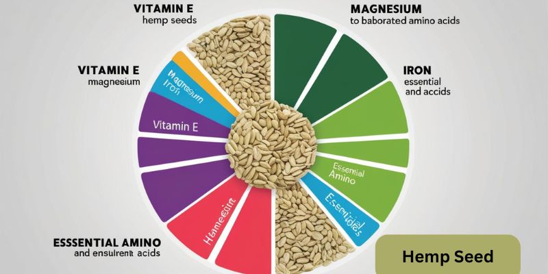 A stylized “nutrient wheel” chart or radial diagram pinpointing key vitamins and minerals (E, magnesium, iron, zinc, amino acids) found in 3 Tbsp of hemp seed
